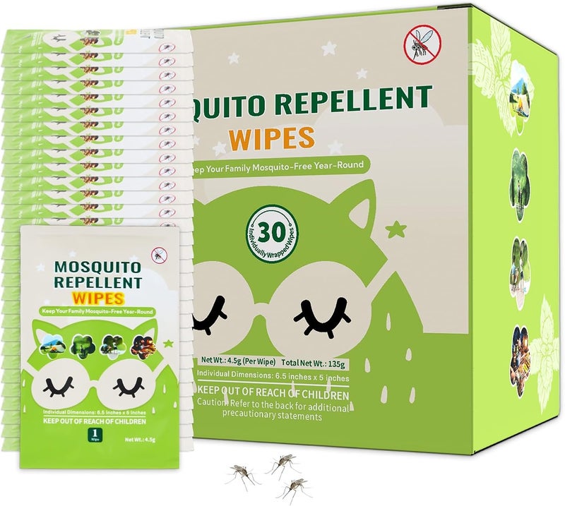 FLODTEEK 30 PCS Mosquito Repellent Wipes, Individually Wrapped Insect Repellent Wipes Made of Natural Plant-Based Essential Oils, Safe & Effective Insect Protection Perfect for Outdoor Activities, Long-Lasting - Image 1
